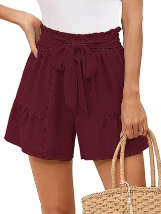 Women's High Waist Casual Shorts Polyester Ruffle Hem Paperbag Shorts With Tie Bow Summer Beach Vacation Sweet Style Ladies Loose Bottoms