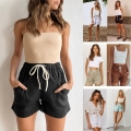 Women's High Waist Casual Shorts Elastic Drawstring Wide Leg Cotton Linen Texture Summer Beach Holiday Solid Color Short Pants With Pockets