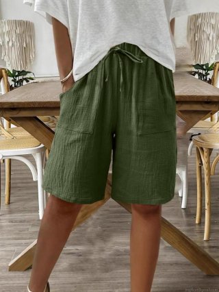 Women's Cotton Linen Shorts Summer Casual Loose Fit Short Pants With Drawstring Elastic Waist And Pockets Solid Color Breathable Vintage Vacation Wear