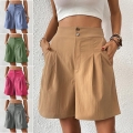 Women's High Waisted Wide Leg Shorts Linen Texture Double Button Pleated Loose Summer Casual Office Work Shorts with Pockets