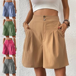 Women's High Waisted Wide Leg Shorts Linen Texture Double Button Pleated Loose Summer Casual Office Work Shorts with Pockets