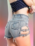 Women Sexy High Waist Denim Shorts Distressed Hollow Out Side Metal Buckle Mini Hot Pants Clubwear Streetwear Cotton Blend Washed Jean Shorts For Party