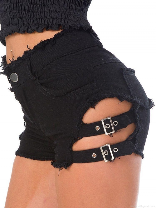 Women's Sexy High Waist Denim Shorts Distressed Raw Hem Hollow Out Side With Metal Buckles Punk Streetwear Summer Hot Pants For Nightclub Party