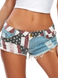 Women's Sexy Low Waist Cotton Denim Shorts With Spandex American Flag Stars and Stripes Distressed Ripped Hot Pants Summer Casual Clubwear