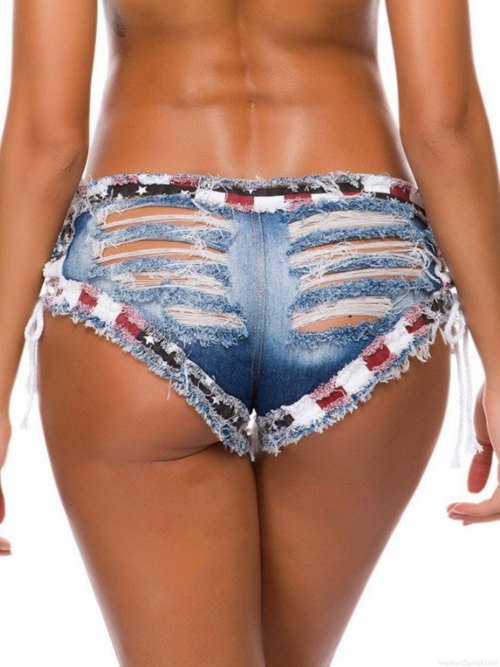 Women's Sexy Low Waist Denim Hot Pants American Flag Patchwork Distressed Ripped Side Lace Up Micro Shorts Summer Nightclub Wear