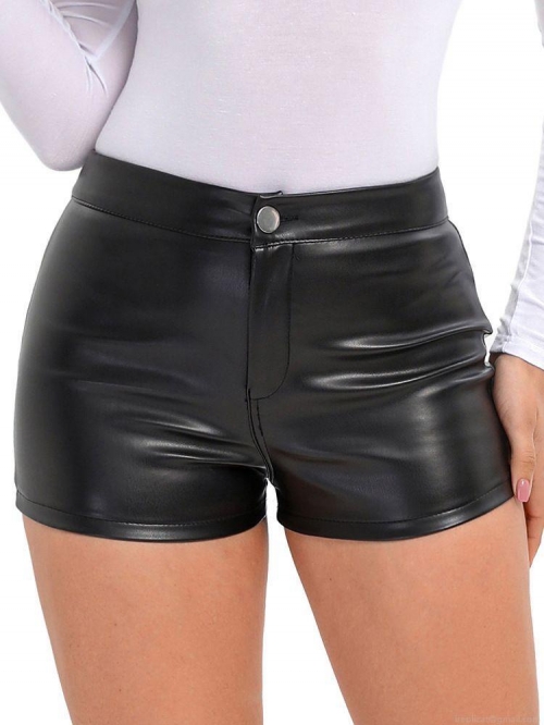 Women's Sexy High Waisted PU Leather Tight Shorts With Metal Button Zipper Fly Stretchy Hot Pants For Daily Party Clubwear Streetwear