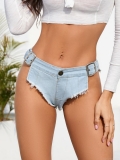 Women Sexy Light Blue Denim Micro Shorts Low Waist Cut Out Frayed Edges Hot Pants With Metal Buckles For Summer Vacation Clubwear