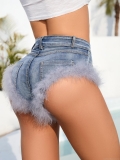 Women's Sexy High Waisted Denim Shorts With Grey Faux Feather Trim Slim Fit Cotton Blend Hot Pants For Summer Vacation Party Beachwear