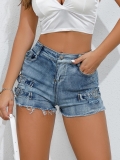 Women Sexy High Waist Denim Shorts Metal Buckles Frayed Hem Distressed Stretchy Cotton Jean Hot Pants Summer Casual Beach Streetwear for Ladies