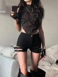 Women's Sexy High Waist Shorts 95% Cotton Side Hollow Out Metal Buckle Punk Streetwear Clubwear Hot Pants for Ladies