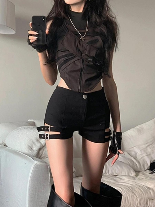 Women's Sexy High Waist Shorts 95% Cotton Side Hollow Out Metal Buckle Punk Streetwear Clubwear Hot Pants for Ladies