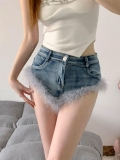 Women's High Waisted Blue Denim Shorts With Grey Faux Feather Trim Sexy High Stretch Cotton Hot Pants For Party Clubwear Y2K Streetwear