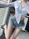 Women's Sexy High Waisted Denim Shorts With Grey Feather Trim Slim Fit Bodycon Cotton Blend Mini Hot Pants For Summer Party Clubwear Vacation
