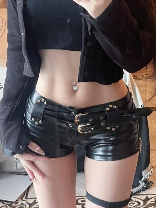 Women's Sexy PU Leather Micro Shorts With Gold Rivets Double Belts Zippers Y2K Punk Style Low Waist Hot Pants For Nightclub Party Clubwear