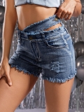 Women's Sexy High Waist Denim Shorts Cotton Spandex Cross Over Waist Frayed Hem Distressed Ripped Hot Pants Clubwear Streetwear Blue Jeans Shorts
