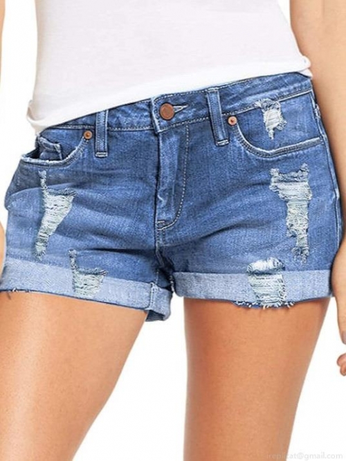 Women's Sexy High Waist Ripped Denim Shorts Cotton Blend High Elasticity Distressed Rolled Hem Summer Casual Slim Fit Jeans Shorts