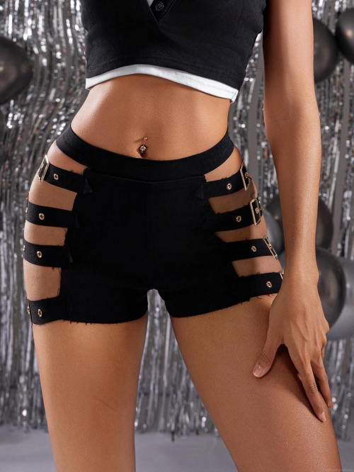 Women's Sexy High Waist Hollow Out Shorts Cotton Blend Metal Buckle Side Cutout Hot Pants For Summer Party Clubwear