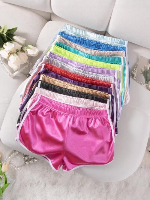 Women's Sexy Satin Athletic Shorts Shiny Metallic Dolphin Shorts with White Piping High Waisted Gym Yoga Running Hot Pants Summer Activewear