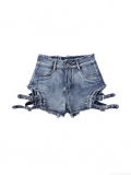Women's Sexy Cutout Side Metal Buckle Denim Shorts High Waist Mini Hot Pants Distressed Raw Hem Clubwear Party Streetwear Jeans Shorts