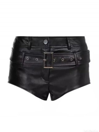 Women's Sexy PU Leather Hot Pants With Belt Mid Waist Solid Color Nightclub Party Clubwear Y2K Punk Style Mini Shorts For Women Slim Fit Streetwear Bottoms