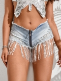 Sexy Women's Butterfly Sequin Top and Pearl Tassel Denim Shorts Set Sparkling Low Waist Denim Hot Pants For Party Clubwear