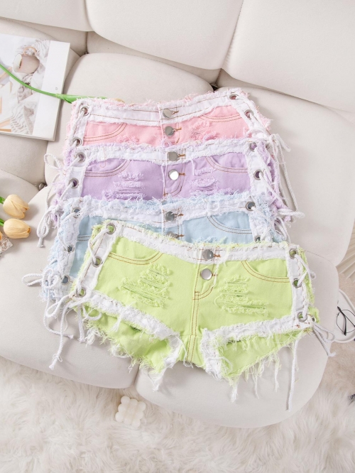 Women's Sexy Low Waist Denim Shorts Side Lace Up Ripped Hole Tassel Hot Pants Summer Clubwear Nightclub Party Jeans For Women Sexy Denim Shorts