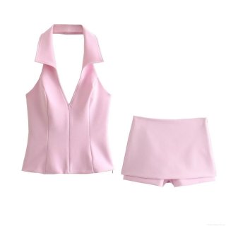 Women Sexy Two Piece Set Halter V Neck Zipper Vest And High Waist Skort Polyester Solid Color Commuting Summer Outfit For Ladies Stylish Streetwear