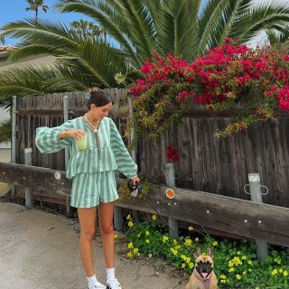 Women's Casual Polyester Striped Two-Piece Set Lace-Up Ruffle Shirt And Loose Elastic Waist Shorts Vacation Leisure Outfit Women Loungewear Set