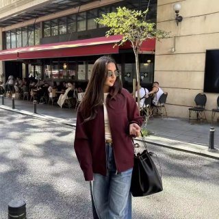 Women's Retro American Style Burgundy Jacket and Shorts Set 2 Piece Outfits Vintage Loose Lapel Zip Up Outerwear with Drawstring Bloom Shorts Casual Streetwear