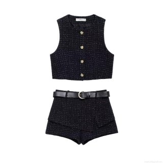 Women's Vintage Elegant Tweed Two Piece Set Sleeveless Waistcoat Vest and Shorts With Leather Belt Luxury Solid Black Socialite Style Outfit