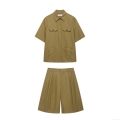 Women's Khaki Workwear Two Piece Set Short Sleeve Button Up Shirt and High Waist Bermuda Shorts 100% Polyester Solid Color Pockets Casual Summer Outfit