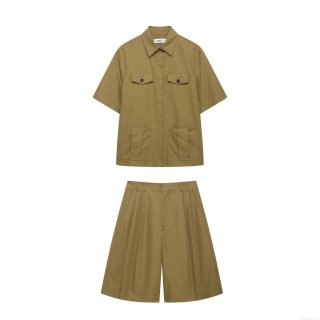 Women's Khaki Workwear Two Piece Set Short Sleeve Button Up Shirt and High Waist Bermuda Shorts 100% Polyester Solid Color Pockets Casual Summer Outfit