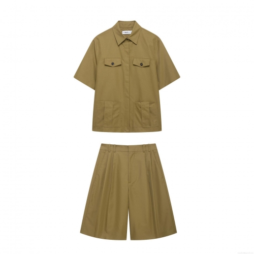 Women's Khaki Workwear Two Piece Set Short Sleeve Button Up Shirt and High Waist Bermuda Shorts 100% Polyester Solid Color Pockets Casual Summer Outfit