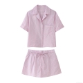 Women's Striped Shorts Set Two-Piece Pink White Polyester Casual Short Sleeve Shirt Elastic Waist Tie-Up Shorts Sweet Loungewear For Women