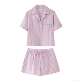Women's Striped Shorts Set Two-Piece Pink White Polyester Casual Short Sleeve Shirt Elastic Waist Tie-Up Shorts Sweet Loungewear For Women