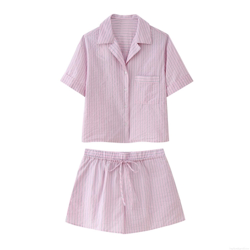 Women's Striped Shorts Set Two-Piece Pink White Polyester Casual Short Sleeve Shirt Elastic Waist Tie-Up Shorts Sweet Loungewear For Women
