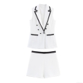 Women's 2-Piece Co-ord Set Sleeveless Double Breasted Blazer Vest And High Waist Shorts With Contrast Piping Elegant Office Commuter Wear