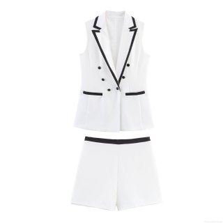 Women's 2-Piece Co-ord Set Sleeveless Double Breasted Blazer Vest And High Waist Shorts With Contrast Piping Elegant Office Commuter Wear