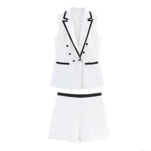 Women's 2-Piece Co-ord Set Sleeveless Double Breasted Blazer Vest And High Waist Shorts With Contrast Piping Elegant Office Commuter Wear