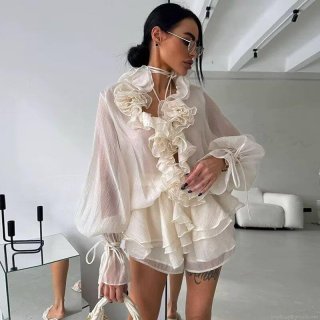 Women's 2-Piece Ruffle Shorts Set Chiffon Textured Long Sleeve Top And Shorts With 3D Flower Decoration Sweet Fresh Style Summer Outfit For Party Vacation Lady