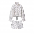 Women's Polka Dot Two Piece Set Stand Collar Long Sleeve Jacket And Shorts Casual 100% Polyester Outfits With Drawstring Hem For Women Daily Streetwear