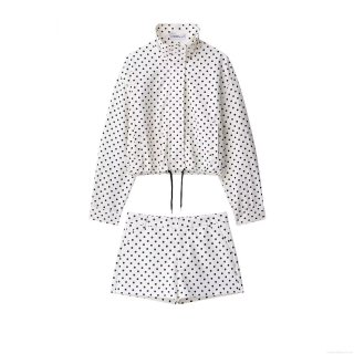 Women's Polka Dot Two Piece Set Stand Collar Long Sleeve Jacket And Shorts Casual 100% Polyester Outfits With Drawstring Hem For Women Daily Streetwear