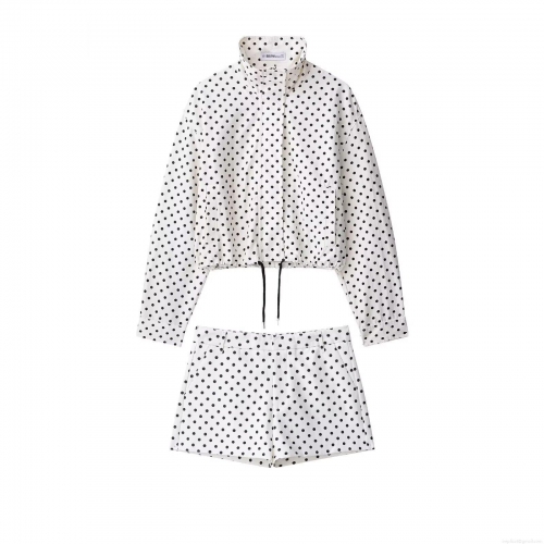 Women's Polka Dot Two Piece Set Stand Collar Long Sleeve Jacket And Shorts Casual 100% Polyester Outfits With Drawstring Hem For Women Daily Streetwear