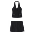 Women's 2-Piece Halter Neck Suit Set Sleeveless Backless Double Breasted Vest and Matching High Waisted Shorts Polyester Streetwear Fashion Outfit