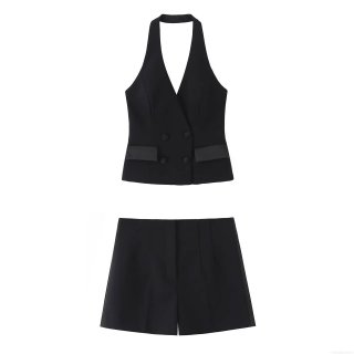 Women's 2-Piece Halter Neck Suit Set Sleeveless Backless Double Breasted Vest and Matching High Waisted Shorts Polyester Streetwear Fashion Outfit