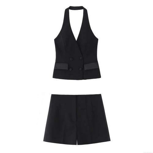 Women's 2-Piece Halter Neck Suit Set Sleeveless Backless Double Breasted Vest and Matching High Waisted Shorts Polyester Streetwear Fashion Outfit