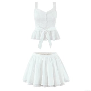 Women's 100% Cotton Lace Two-Piece Set Sweet Bow Tie Camisole Peplum Top and Pleated Skirt-Pants Culottes Co-ords White Summer Casual Daily Outfit