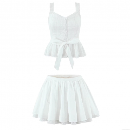 Women's 100% Cotton Lace Two-Piece Set Sweet Bow Tie Camisole Peplum Top and Pleated Skirt-Pants Culottes Co-ords White Summer Casual Daily Outfit