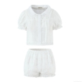 Women's White Lace Two-Piece Set Peter Pan Collar Puff Sleeve Top And Ruffle Elastic Waist Shorts Casual Summer Sweet Vintage Outfit For Ladies