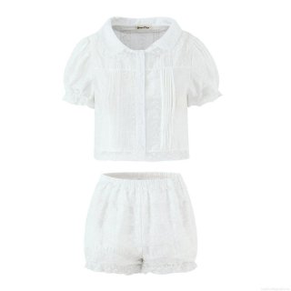 Women's White Lace Two-Piece Set Peter Pan Collar Puff Sleeve Top And Ruffle Elastic Waist Shorts Casual Summer Sweet Vintage Outfit For Ladies